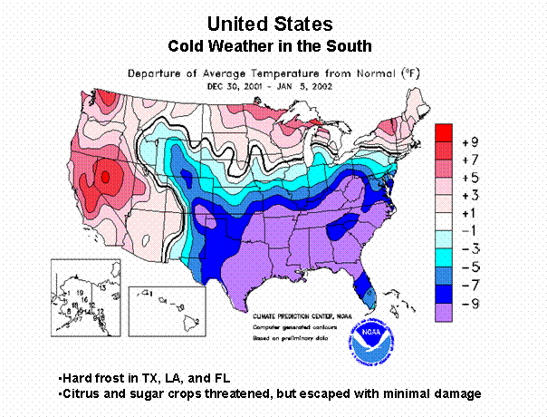 U.S. map showing departure of average temperature from normal, Dec. 30, 2001 - Jan. 5, 2002