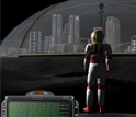 Computer screen capture of an avatar and a dome-topped virtual city on the moon's surface.