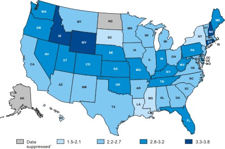 Map of the United States showing melanoma of the skin death rates by state in 2004.