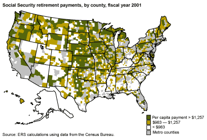 Social security retirement payments, by county, fiscal year 2001