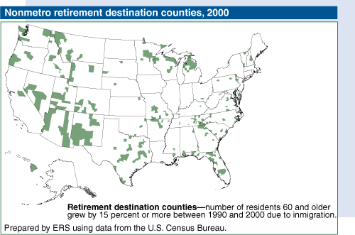 Map: Nonmetro retirement destination counties, 2000