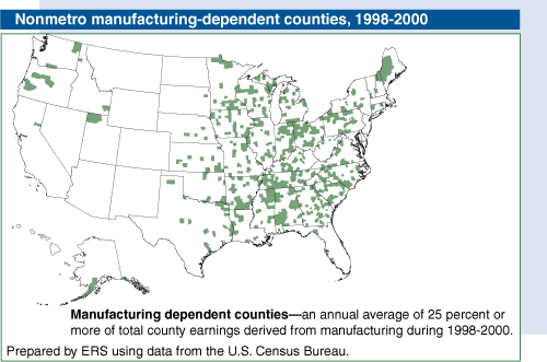 Map: Nonmetro manufacturing-dependent counties, 1998-2000