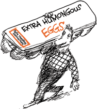 Cartoon of a man carrying an extra humongous carton of eggs on his shoulder.
