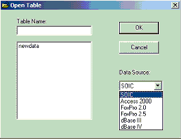 SOIC Open Table dialogue box - pulldown allows user to choose other data sources (e.g., Access 2000, Fox Pro 2.0, dBaseIV).