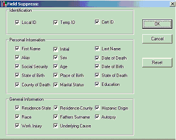 SOIC Field Suppression Window where selected fields are displayed on the data entry form.