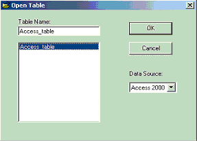 SOIC Open Table dialogue box. Open an existing Access file.