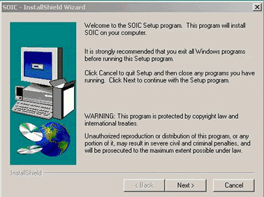 First installation dialogue box - Welcome. Click Next to continue.