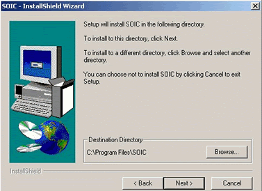 Fourth installation dialogue box - select destination directory. Default is c:\Program Files\SOIC. Click Next to continue.