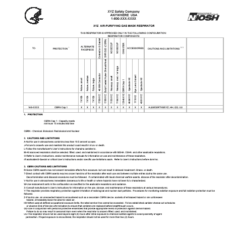 Sample matrix-style APR respirator approval label 