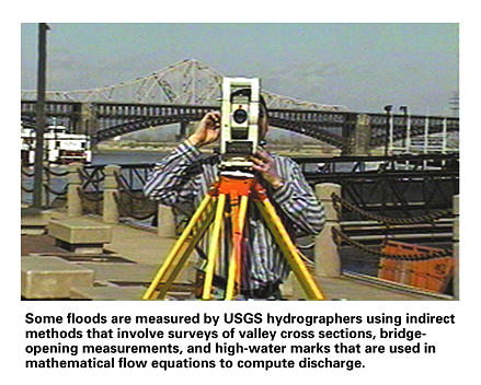 Some floods are measured by 
USGS hydrographers using indirect methods that involve surveys of valley cross sections, 
bridge-opening measurements, and high-water marks that are used in mathematical flow 
equations to compute discharge.