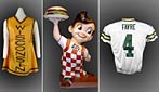 A composite image featuring three Wisconsin artifacts that are among the "Curators' Favorites", (left to right) a woman's suffrage tunic, a Big Boy restaurant statue, and former Green Bay Packers quarterback Brett Favre's "number 4" football jersey