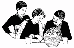 Image of a family of 3 sitting around a table.