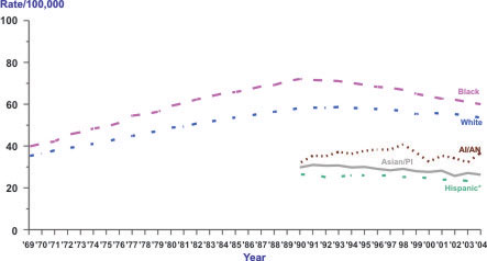 Line chart showing the changes in lung cancer death rates for people of various races and ethnicities from 1969 to 2004.