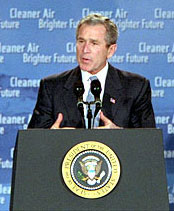 President George W. Bush speaks during a visit to the National Oceanic and Atmospheric Administration Feb. 14. "America and the world share this common goal: we must foster economic growth in ways that protect our environment," said the President as he announced new initiatives to foster economic growth while protecting the environment. White House photo by Paul Morse.