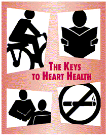 The image is a picture that shows 'The Keys to Heart Health.'  It contains an illustration of a person riding a bike, reading a book, talking to someone else, and the final picture is a 'no smoking' image that consists of a cigarette crossed out.