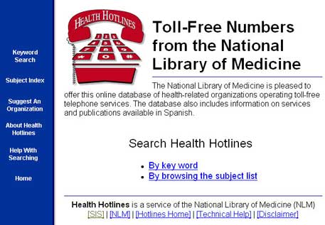 Image of the Health Hotlines main page.