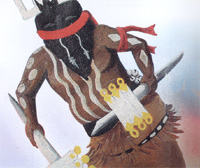 painting of Native American figure holding implements