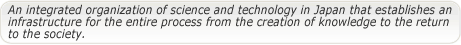 Japan Science and Technology Agency (JST) is an integrated organization of science and technology in our country that establishes an infrastructure for the entire process from the creation of knowledge to the return to the society.