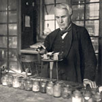 Thomas Edison working on an experiment in his chemistry laboratory.