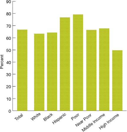 Bar chart shows percentage of women ages 15-44 who completed a pregnancy in the last 12 months and had an HIV test as part of prenatal care, by race/ethnicity and income.  Total, 66.7; Non-Hispanic White, 63.4; Black, 64.3; Hispanic, 76.7; Poor, 79.2; Near poor, 66.5; Middle income, 67.7; High income, 49.7.