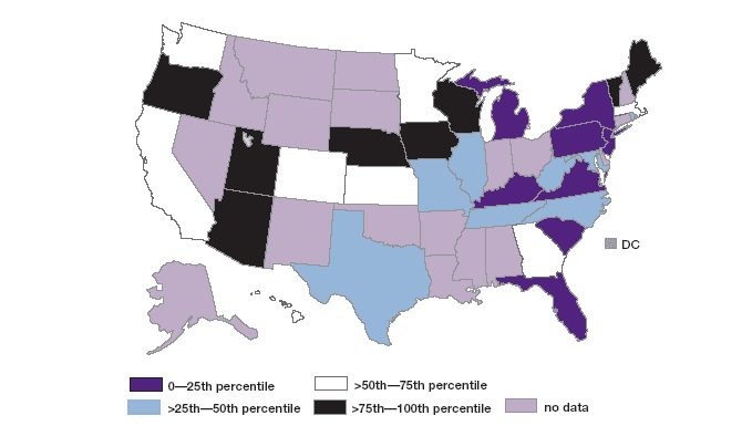 Map of the United States color coded to show  which States fall into each percentile of pediatric hospital admissions for asthma.  Go to the table below for details.