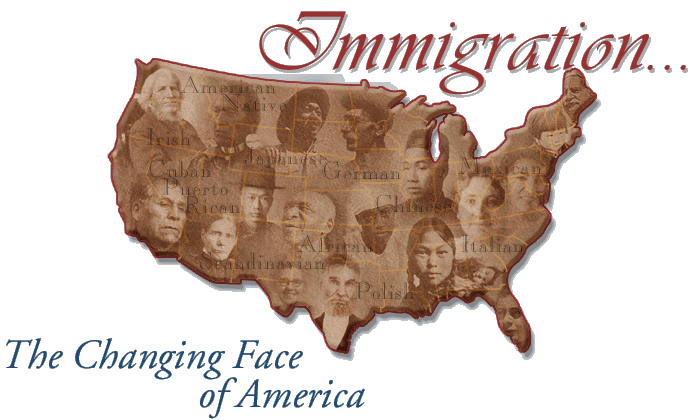 Immigration, The chaning Face of America - picture of the US with different faces