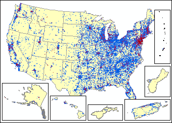 Composite image map showing TRI facilities in blue and Superfund NPL sites in red