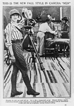 Black and white poster of a woman standing in front of a film camera.