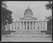 A black and white image of the front of the state capitol building in Montpelier, c1904 