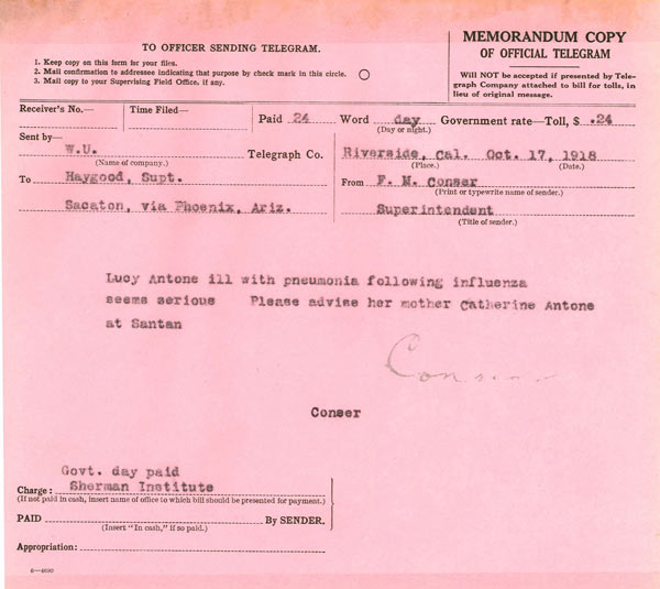 A pink telegram sheet reads “Lucy Antone ill with pneumonia following influenza seems serious.  Please advise her mother Catherine Antone at Santan.”