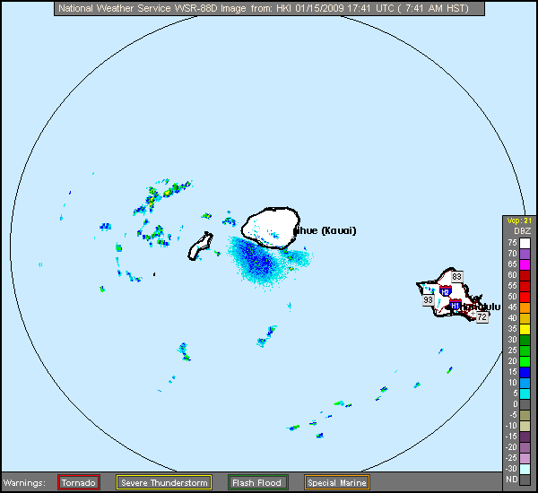 Click for latest Base Reflectivity radar loop from the Kauai, HI radar and current weather warnings