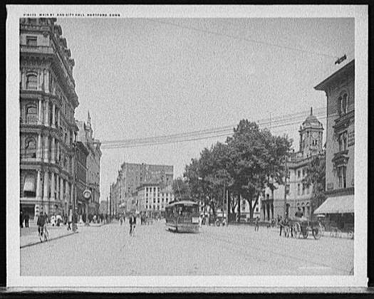 A view of the buildings and people on Main St. in Hartford, Connecticut, c1905.