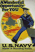 A color recruiting poster.  A young sailor strides across the poster.  A ship is in the background.  The image reads "A womderful opportunity for you.  US Navy.  Inquire at recruiting station."