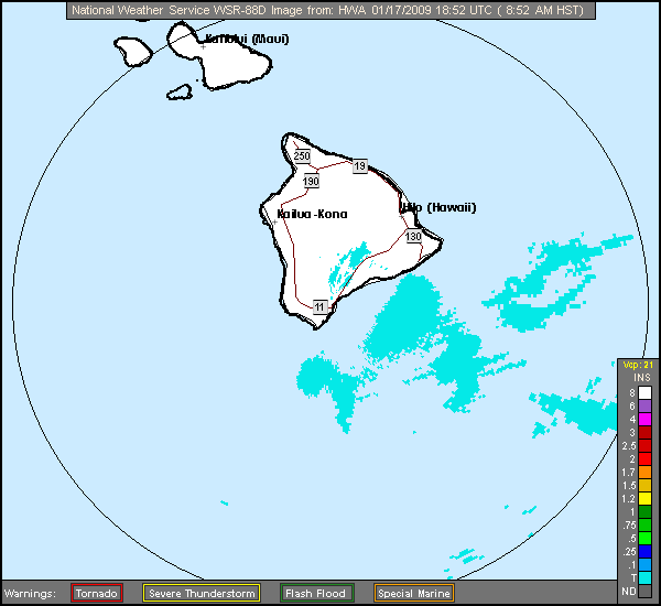 Click for latest One Hour Precipitation radar loop from the South Shore Hawaii, HI radar and current weather warnings