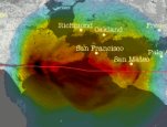 Image that portrays the shaking over a 155 mile by 70 mile area covering the San Francisco Bay region.