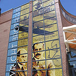 New window banners of the Wright brothers and Paul Laurence Dunbar at the Wright-Dunbar Interpretive Center.