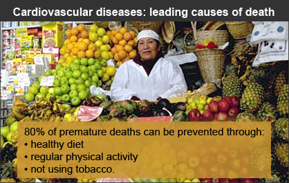 Cardiovascular diseases: 80% of such deaths can be prevented through: healthy diet, regular physical activity, not using tobacco.
