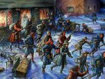 Painting -- Deerfield attacked: On February 29, 1704, the sun rose on a chaotic scene in the English settlement of Deerfield, Massachusetts.