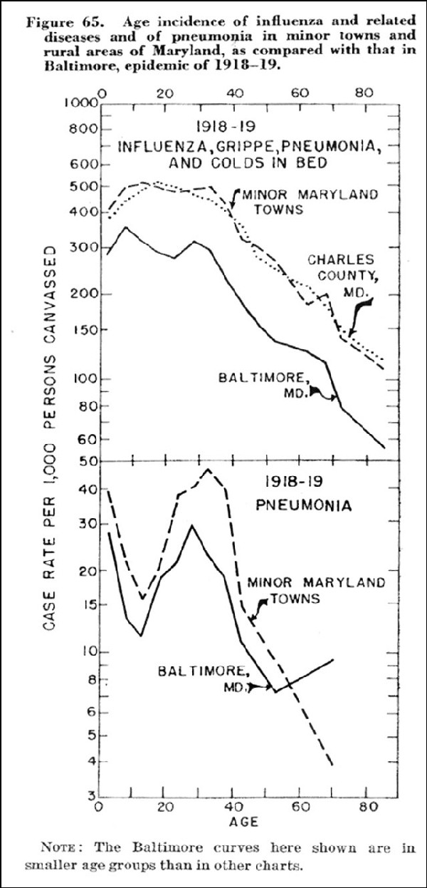 Figure 65. Age incidence of influenza and related diseases and of pneumonia in minor towns and rural areas of Maryland, as compared with that in Baltimore, epidemic of 1918-19.