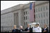 President George W. Bush is joined from left by former Secretary of Defense Donald Rumsfeld, U.S. Secretary of Defense Robert Gates, Chairman of the Joint Chiefs of Staff, Admiral Michael Mullen and James J. Laychak, chairman of the Pentagon Memorial Fund, Inc.,Thursday, Sept. 11, 2008, during National Anthem at the dedication of the 9/11 Pentagon Memorial at the Pentagon in Arlington, Va.