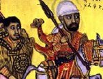 Painting of Menelik II, Emperor of Ethiopia, leading troops against Italian forces