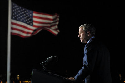 President George W. Bush addresses the nation from Ellis Island in New York City on the one year anniversary of the terror attacks on September 11.