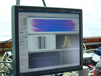 Monitor displaying real-time swath bathymetry collected offshore South Carolina aboard the R/V Atlantic Surveyor.