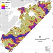 sidescan sonar imagery overlain with isopach contours of sediment thickness