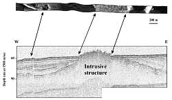 Image showing correlated sidescan and seismic interpretation