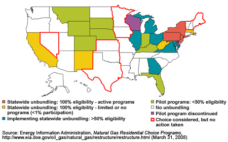 Map showing that as of December 2007, 21 States and the District of Columbia had legislation or programs allowing residential customer choice. Source: Energy Information Administration, Natural Gas Residential Choice Programs, http://www.eia.doe.gov/oil_gas/natural_gas/restructure/restructure.html (March 31, 2008).