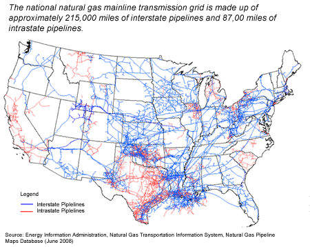 Map showing that the national natural gas mainline transmission grid is made up of approximately 215,000 miles of interstate pipelines and 87,00 miles of intrastate pipeline. Source: Energy Information Administration, Office of Oil and Gas, Natural Gas Division, Gas Transportation Information System
