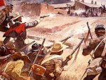 Fight at Pigeon's Ranch.  (Roy Anderson, artist; Courtesy of Pecos National Historical Park)
