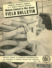 Cover (black and white) of 1945 booklet showing a laboratory technician handling mosquito larvae; writing reads (in part) 