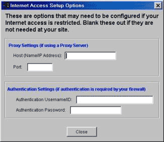 Internet Access setup options window